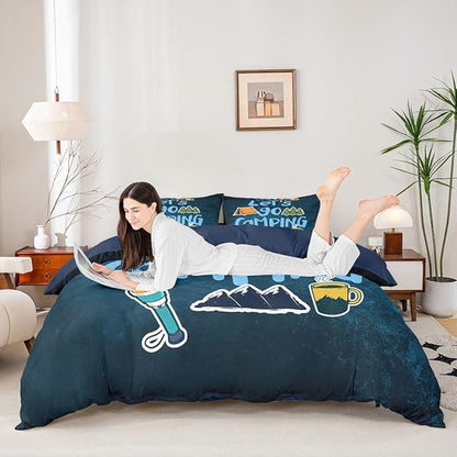 Happy Camping Duvet Cover Set King,Cartoon Camper Theme Comforter Cover Rustic Farmhouse Style Quilt Cover Navy Blue Bedding Set 3pcs for Kids Girls Teens Boys Room Decor with 2 Pillowcases