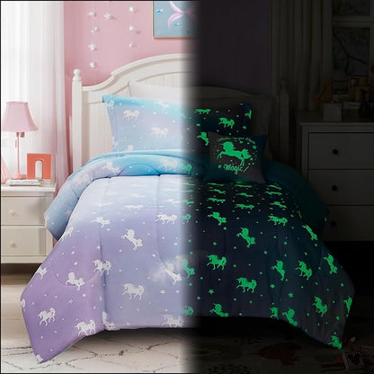 Twin Comforter Set for Girls-3 Pieces Unicorn Glow in The Dark Twin Bedding Sets for Kids,1 Comforter,1 Sham and 1 Decor Pillow