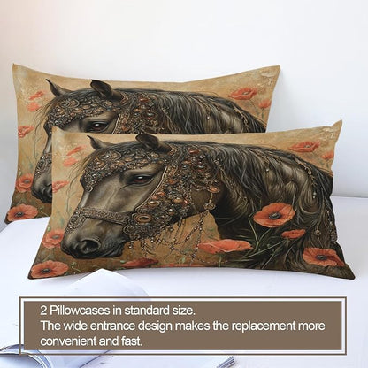 Horse Duvet Cover King Size, Poppy Fields Horses Bedding Set 3 Piece Bedroom Decor Vintage Rural Farmhouse Comforter Cover with Zipper Ties & 2 Pillowcases