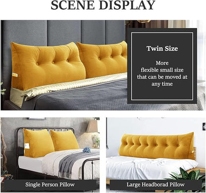 Headboard Wedge Pillow Large Bolster Reading Pillows for Sitting in Bed Adult， Velvet Triangular Cushion Backrest Lumbar Back Support Upholstered Daybed Sit Up Book Pillows（Yellow, Queen）