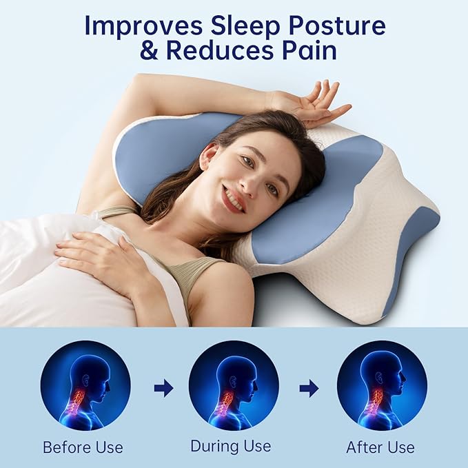 Cervical Neck Pillow, Ergonomic Memory Foam Pillow - Orthopedic Design for Side, Back, and Stomach Sleepers (Blue, 26''x15.76''x5.52'')