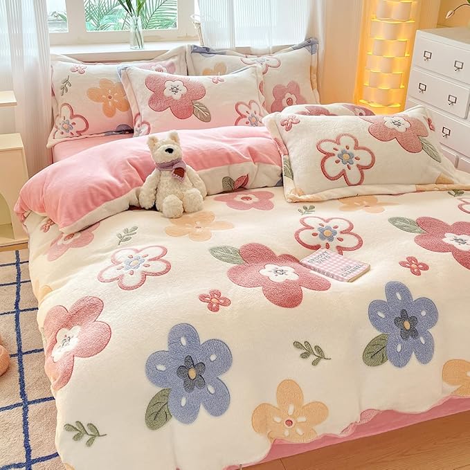 Twin Bedding Sets, Pink Duvet Cover Set, Ultra Soft Fluffy Comforter Covers Kawaii Cute Bedding Sets for Girl Kids (Flower, Twin)