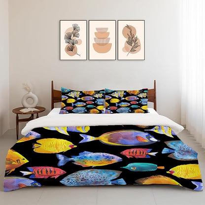 Ocean Tropical Fish Theme 3 Pieces Duvet Cover Comforter Set with 2 Pillowcase Queen Size Sea Nautical Fishing Bed Sheet Quilt Bedroom Bedding for Lover Kids