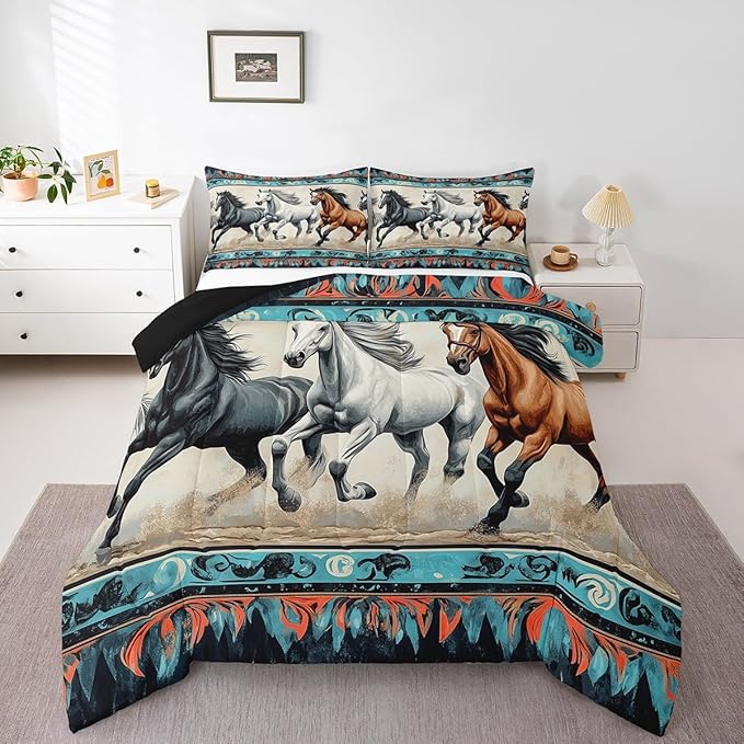 Feelyou Horse Bedding Set Full Size Kids Bohemian Southwestern Native Aztec Comforter Cover for Boys Girls Teens Teal Beige Duvet Cover Breathable Soft Lightweight Microfiber Quilt Set