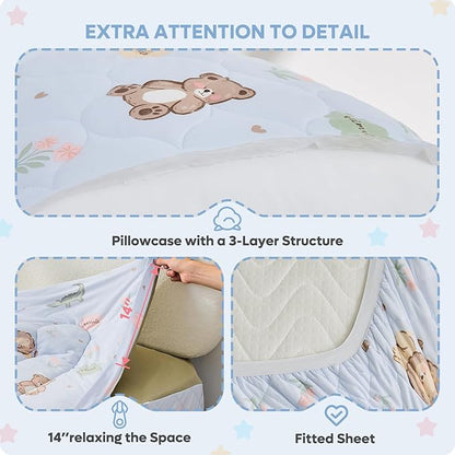 Bestier Twin Size 4Pcs Kids Comforter Sets, Zipper Bedding Set for Boys, Kids Bedding Set Cartoon Comforter for Kid, Zipper Bedding Certified - OEKO-TEX100, (Light Blue, Twin, 39"x75")