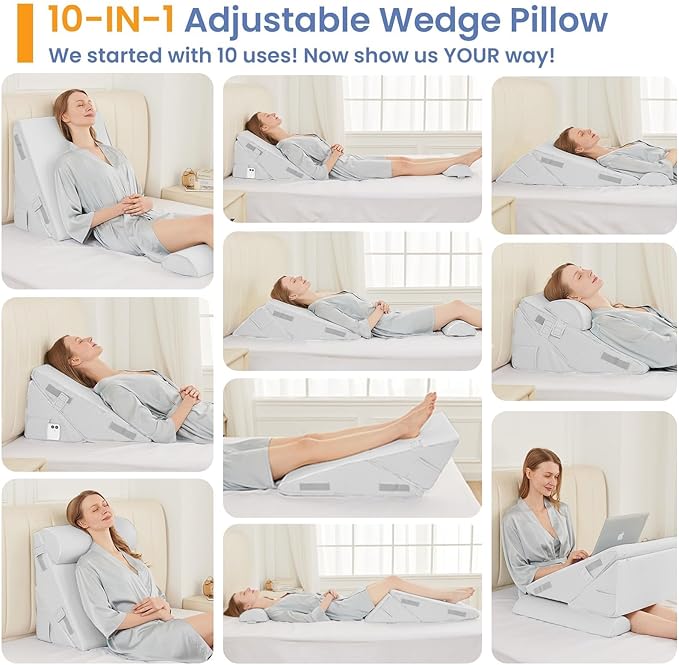Sasttie Wedge Pillow Set for After Surgery, 2PCS Adjustable Bed Wedge Pillow Headboard with Memory Foam Neck Cushion – for Acid Reflux, Sleeping, Neck & Back Support, White