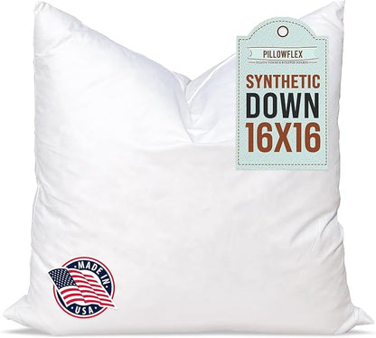 Pillowflex Synthetic Down Pillow Insert - 16x16 Down Alternative, Ultra Soft Throw Pillow, Small Couch Sham Bed Sleeping Pillow - 1 Decorative Accent Form