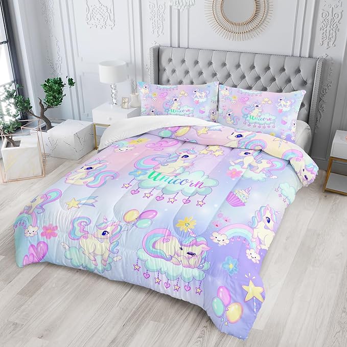 Kid Unicorn Comforter Set Twin Size 3Pcs White Cloud Star Love Heart Pattern Quilt Balloon Bedding Set for Boys Girls with 1 Comforter and 2 Pillowcases