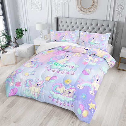 Kid Unicorn Comforter Set Twin Size 3Pcs White Cloud Star Love Heart Pattern Quilt Balloon Bedding Set for Boys Girls with 1 Comforter and 2 Pillowcases