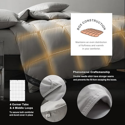 Royoliving Premium Feathers Down Comforter 100% Cotton Cover Duvet Insert with Corner Tabs (Grey, California King All Season)