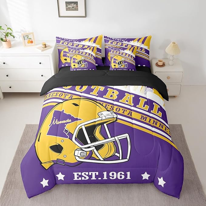 Erosebridal Football Bedding Rugby Seasonal Color Comforter Set Queen, Cartoon 3D Helmet Sports City Illustration Comforter + Flat Sheet + Fitted Sheet + 2 Pillowcases + 2 Throw Pillow Covers