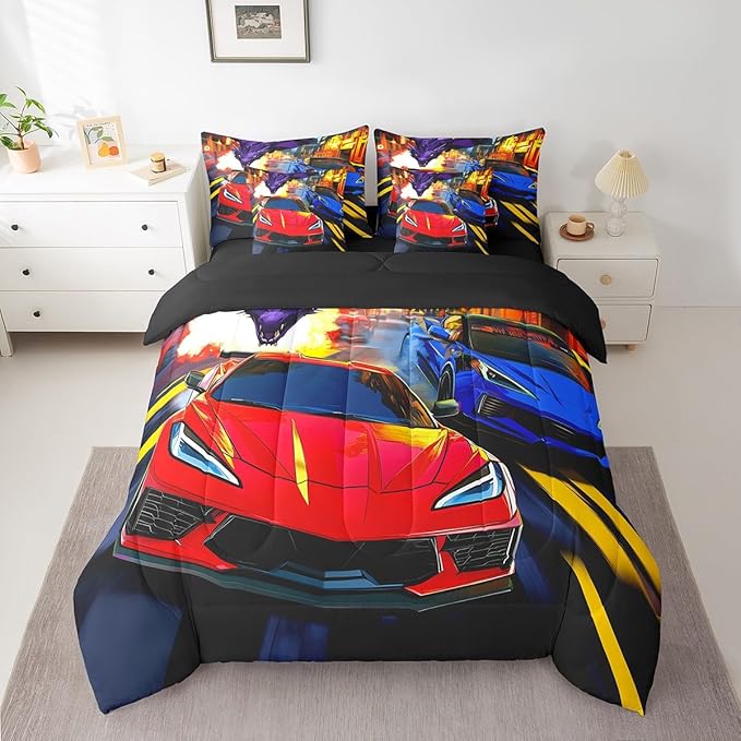 Feelyou Racing Car 7 Piece Bedding Set King Size Red Blue Racing Car Comforter Set with Sheets for Kids Boys Teens Dinosaur Monster Bed in a Bag Fast and Furious Bed Set