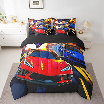 Feelyou Racing Car 7 Piece Bedding Set King Size Red Blue Racing Car Comforter Set with Sheets for Kids Boys Teens Dinosaur Monster Bed in a Bag Fast and Furious Bed Set