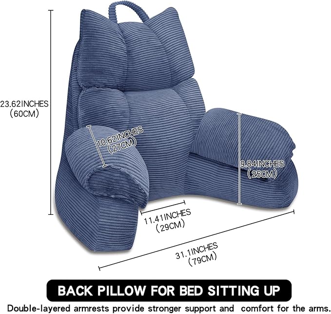 RRPAHWTV Reading Pillow for Bed with High Arm Rests,Back Support Pillow for Sitting Up in Bed with Shredded Memory Foam for Reading, TV, Gaming or Relaxing on Floor（Dark Blue, Small）