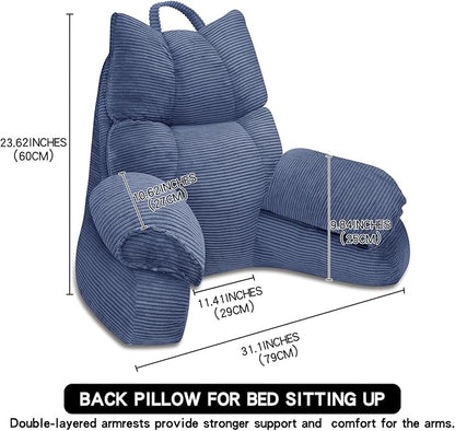 RRPAHWTV Reading Pillow for Bed with High Arm Rests,Back Support Pillow for Sitting Up in Bed with Shredded Memory Foam for Reading, TV, Gaming or Relaxing on Floor（Dark Blue, Small）