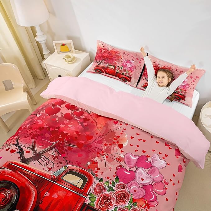 Castle Fairy Valentine's Day Duvet Cover Set Full Size,Red Truck Heart Tree Bedding Kids Girls Women Couple Room Decor,Pink Rose Flowers Trailer Comter Romantic Gifts Quilt 3pcs (WWS12829ZMD-TJ_USf)