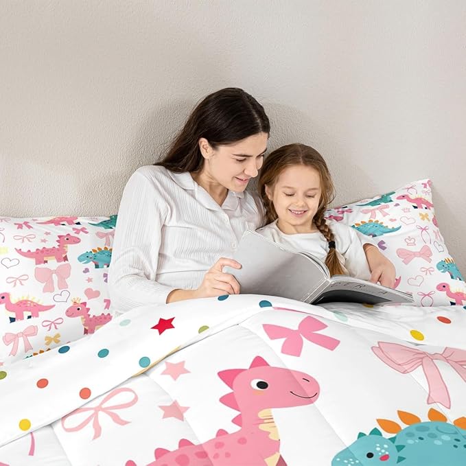 Cute Dino Full Size Comforter Set,Kawaii Bowknot Heart Princess Style Reversible Bedding Set Bedroom Collection,Pink Blue Dinosaur Cartoon Animal Soft Quilted Duvet for Girls Teens
