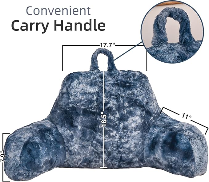 A Nice Night Faux Fur Soft Reading Pillow Bed Wedge Adult Backrest with Arms Back Support for Sitting Up in Bed/Couch for Bedrest,Tie Dyed Navy,Large