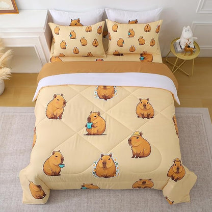 Wajade Capybara Comforter Set 7 Piece Cute Brown Animal Bedding Set Capybara for Boys Girls Room Decoration Twin Size with Sheet and 2 Pillowcases 2 Pillow Shams Cute Bed in a Bag as Birthday Gift