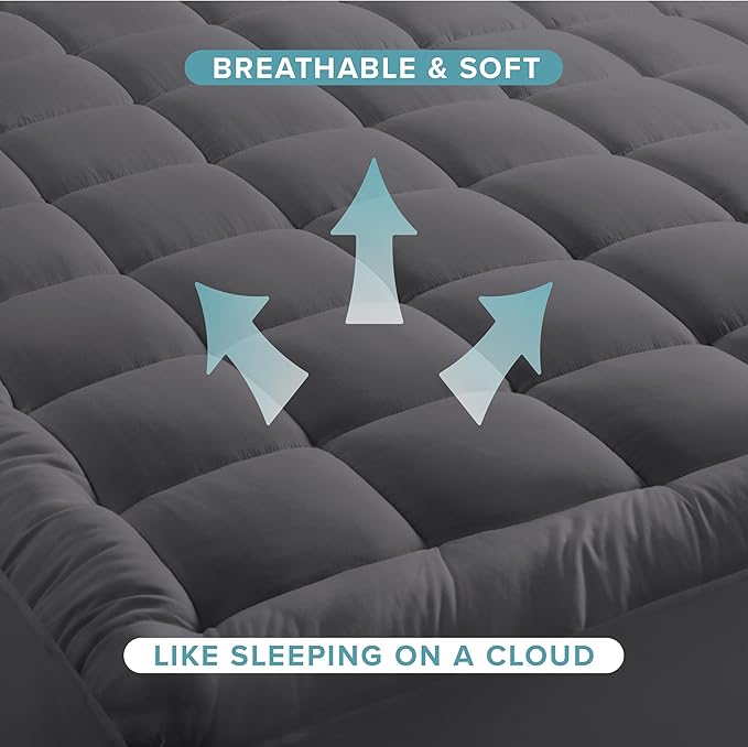 Bare Home Mattress Topper Cotton Top - Twin Extra Long - Plush Topper for Mattress - College Dorm Room Essentials - Cooling Breathable Air Flow - 8" to 21" Deep Pocket - Soft Bed Pad (Twin XL, Grey)