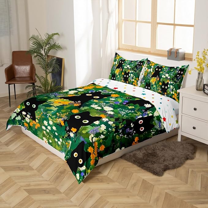 Cute Cats Duvet Cover Set Twin Size,Watercolor Flowers Green Leaves Plant Reversible Bedding Set Soft Bedroom Decor,Black Kawaii Animal Oil Painting Polyester Quilt Cover (No Comforter), 2 Pcs