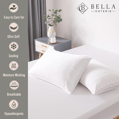 Bella Coterie | Luxury Bamboo Viscose Standard Size Pillowcase Set | 100% Organically Grown | Ultra Soft | Cooling | 2 Pcs [White]