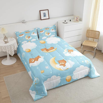 Cute Bear Bedding Set Queen Size Cartoon Childlike Style Comforter Set for Girls Boys Room Decor Hand Drawn Moon Clouds Down Comforter Starry Star Sky Quilt Set with 2 Pillowcases