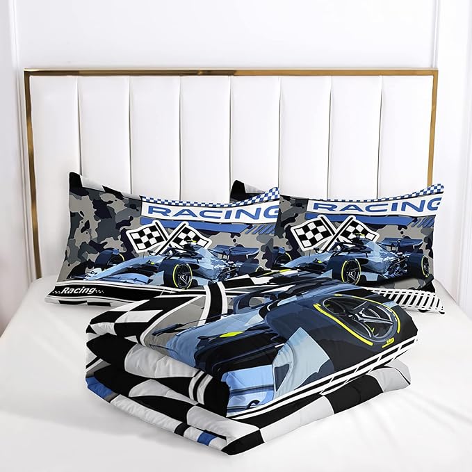 AILONEN Racing Car Comforter Set Full Size, Racing Plaid Patterns with Cool Speed Race Car Bedding Set for Kids Boys Girls Teens Bedroom,3 Pieces,1 Quilt and 2 Pillowcases,Soft,Breathable