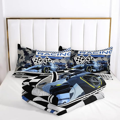 AILONEN Racing Car Comforter Set Full Size, Racing Plaid Patterns with Cool Speed Race Car Bedding Set for Kids Boys Girls Teens Bedroom,3 Pieces,1 Quilt and 2 Pillowcases,Soft,Breathable