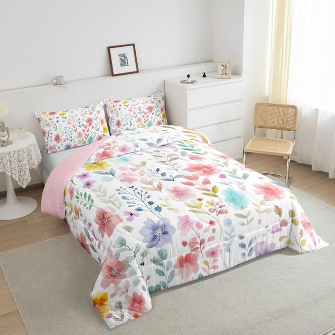 Erosebridal Cute Floral Queen Comforter Set,Red Purple Flower Bedding Sets for Kids Girls Women,Colorful Boho Wildflower Bed Set,Country Cottage Core Flowers Room Decor,2 Pillowcases Breathable