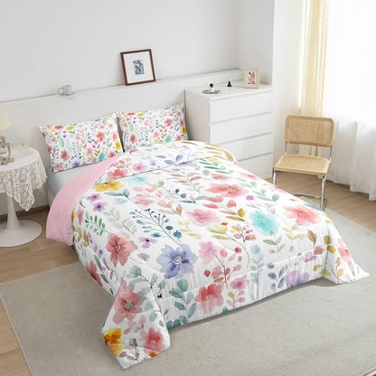 Erosebridal Cute Floral King Comforter Set,Red Purple Flower Bedding Set for Kids Girls Women,Colorful Boho Wildflower Quilt,Country Cottage Core Flowers Bedroom Decor,2 Pillowcases Breathable