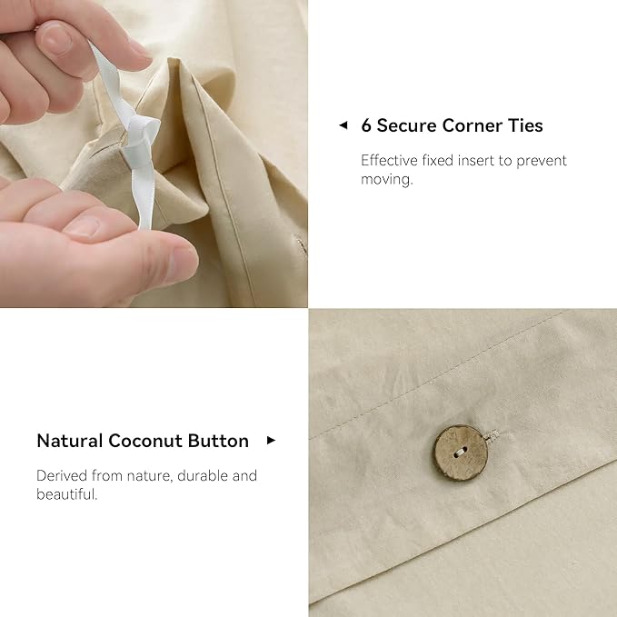 JELLYMONI Cotton Duvet Cover Queen Size - Light Khaki Comforter Cover with Button 100% Washed Cotton 3PCS Breathable Soft Solid Bedding Set Duvet Cover 90×90in & 2 Pillowcases (NO Comforter)
