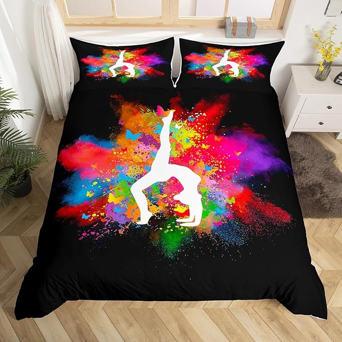 Gymnastics Dance Bedding Set Queen Size,Rainbow Watercolor Tie Dye Duvet Cover for Girls Kids Woman Room Decor,Cheerleading Comforter Cover Yoga Lover Quilt Cover 3pcs with 2 Pillowcases,Black