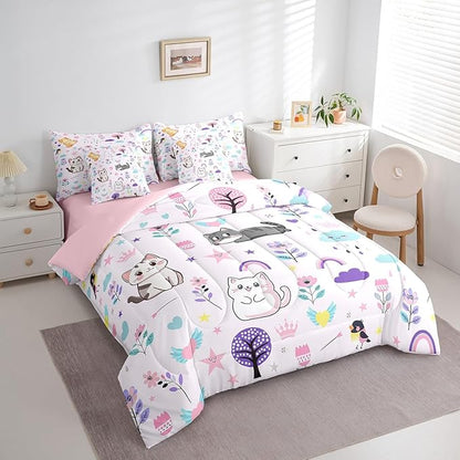 Erosebridal Kids Floral Cat 7 Piece Bedding Sets Cartoon Animal Comforter Bed in a Bag Cute Flower Printed Quilt with Sheet Set,for Children Boy Girl Teen Kids Bedroom Decor,Full 7Pcs