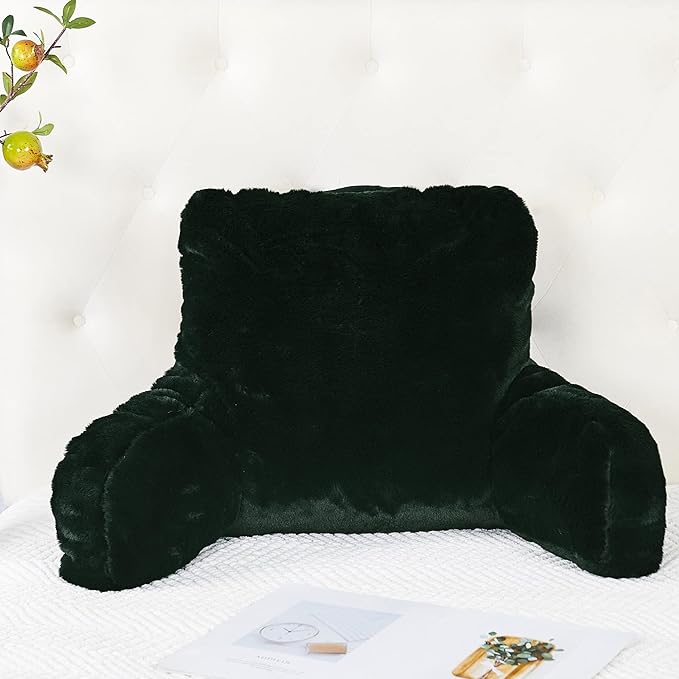 Plush Faux Fur Backrest Reading Bed Rest Pillow with Arms and Pockets for Sitting in Bed Couch Sofa, Back Support Wedge Cushion with Removable Cover, 20" x 18" x 17", Black