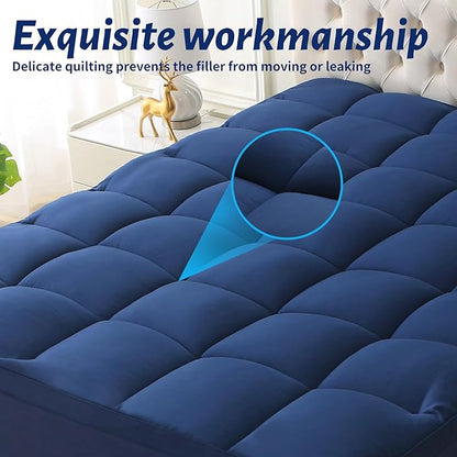 Mattress Topper with Deep Pocket, Extra Thick Pillow Top Mattress Pad, Breathable & Cooling Mattress Cover, Fits 8-21 Inch, Soft Support for Back Pain Relief, Mattress Protector (Twin, Navy Blue)