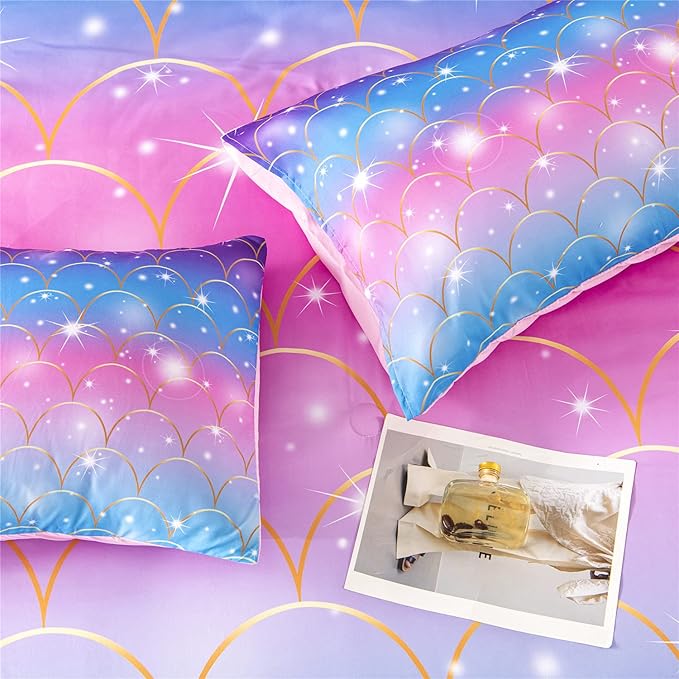 RYNGHIPY 6Pcs Teal Pink Sparkle Mermaid Comforter Sets Full Size, 3D Rainbow Glitter Girls Bedding Sets, Ombre Pastel Fish Scale Bedding Collection Sets