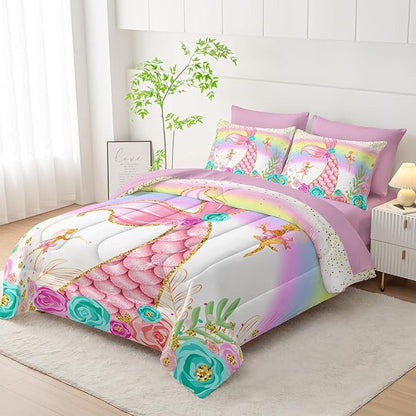 Mermaid Comforter Set Twin - 7 Piece Girls Bedding, Pink Teal Floral Bed Set, Soft Microfiber Comforter, Sheets, Pillowcases