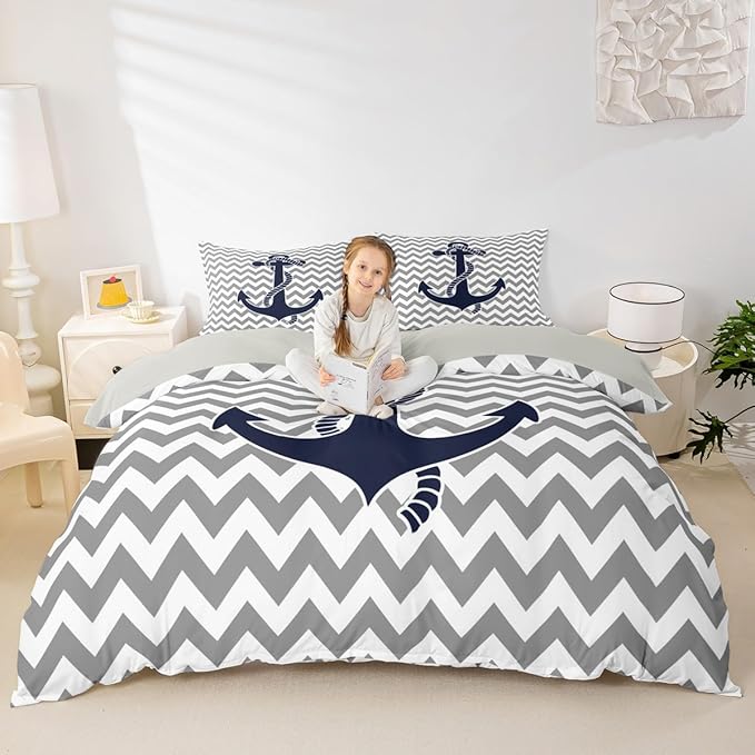 Nautical Anchor Duvet Cover Queen Size,Geometric Gray Stripe Bedding Set for Kids Teens Adults Room Decor,Ocean Adventure Comforter Cover Modern Abstract Quilt Cover No Down Filling,2 Pillowcases