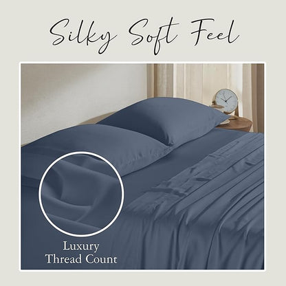 KARISSA MAE Cooling Bamboo Viscose Queen Size Sheet Set | 100% Organically Grown | 18” Deep Pocket | Silky, Soft, & Hypoallergenic | with Organizer Band & Elastic Corner Straps [Slate Blue]