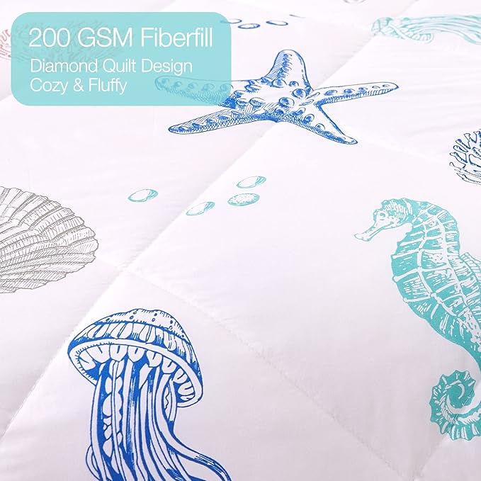 JSD Beach Theme Kids Comforter Set Queen Size, Jellyfish Starfish Summer Printed Comforter with Pillow Sham, Machine Washable
