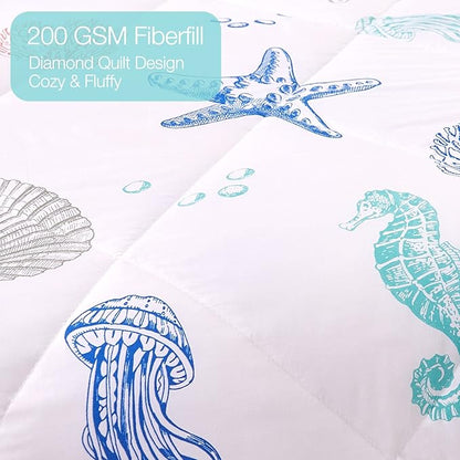 JSD Beach Theme Kids Comforter Set Full Size, 3 Piece Jellyfish Starfish Shell Printed Comforter with Pillow Shams, Lightweight All Season Washable