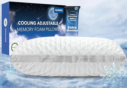 Luxury Cooling Side Sleeper Pillow for Neck and Shoulder Pain, Medium Firm Bed Pillows Queen Size Set of 1 Luxury Shredded Memory Foam for Sleeping Adjustable Washable Cover Crescent White