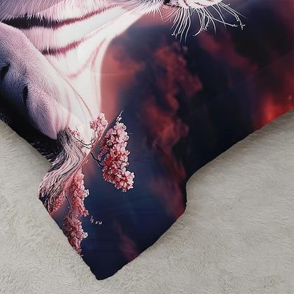 White Tiger Wild Animal Floral Comforter 3Pcs Twin 3D Safari Animal Hunting Theme Flower Bedding Set for Kid Teen Boy Girl Adult Cherry Blossoms Quilt Decor with 1 Comforter and 2 Pillowcases