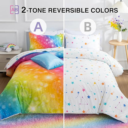 A Nice Night 6Pcs Gradient Glitter Bedding Set for Girls, Colorful Rainbow Galaxy Comforter Set, Ultra Soft Bedding Sets (Multi,Queen 6Pcs)