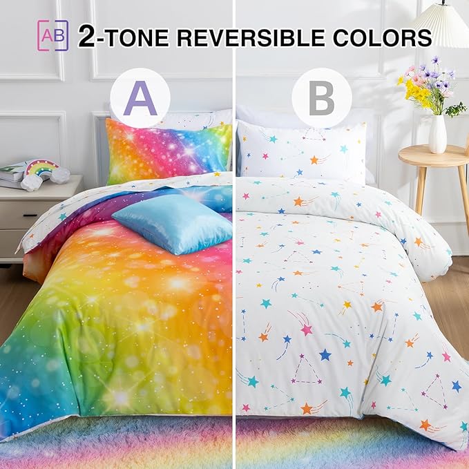 A Nice Night 6Pcs Gradient Glitter Bedding Set for Girls, Colorful Rainbow Galaxy Comforter Set, Ultra Soft Bedding Sets (Multi,Full 6Pcs)
