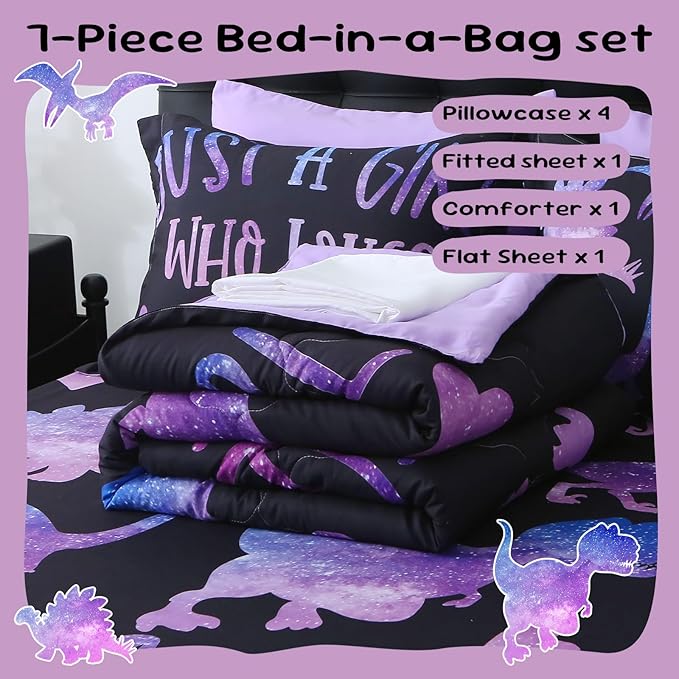7 Piece Girls Dinosaur Comforter Set Full Size Violet Dinonsaur Soft Microfiber Bed in A Bag with Comforter,Sheet Set,Pillowcase and Sham for Child Teens All Season