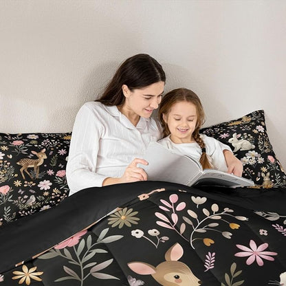 jejeloiu Cute Deer and Rabbit Comforter Set Toddler Size Floral Flower Bedding Set for Kids Boys Girls Nature Plants Duvet Quilt Black Colorful Bedroom Decor Microfiber 2 Pcs with 1 Pillow Cases