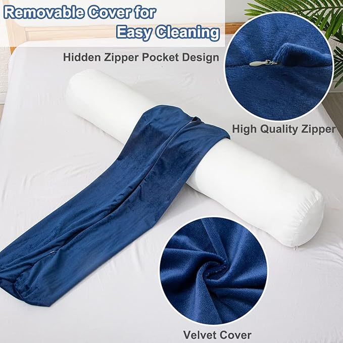 Body Pillow, Memory Foam Round Body Pillows for Adults, Firm Long Bolster Pillow for Bed, Cylinder Tube Roll Pillow with Velvet Cover, 47x7.87 Inches, Navy Blue