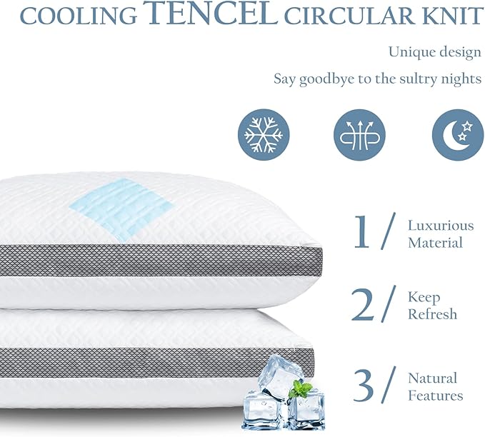 Tencel Standard Pillows Set of 2, Shredded Memory Foam Pillows, Adjustable Bed Pillow for Sleeping, 18"x26"Cooling Tencel Circular Knit Pillows for Side, Back, Stomach Sleepers